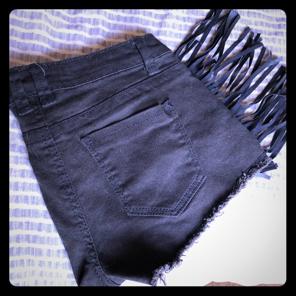 Black Jean Shorts with Fringe on Sides / Tassles - Picture 3 of 3